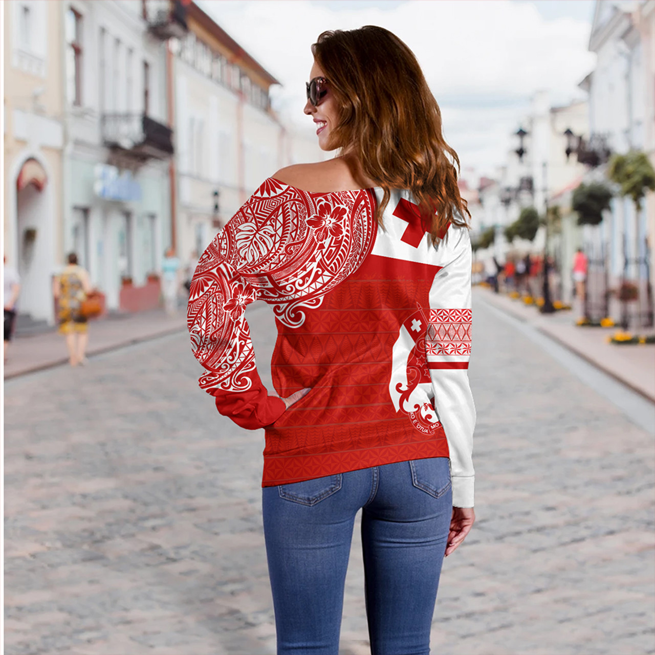 Tonga Off Shoulder Sweatshirt Tonga Polynesian Flag With Coat Of Arms