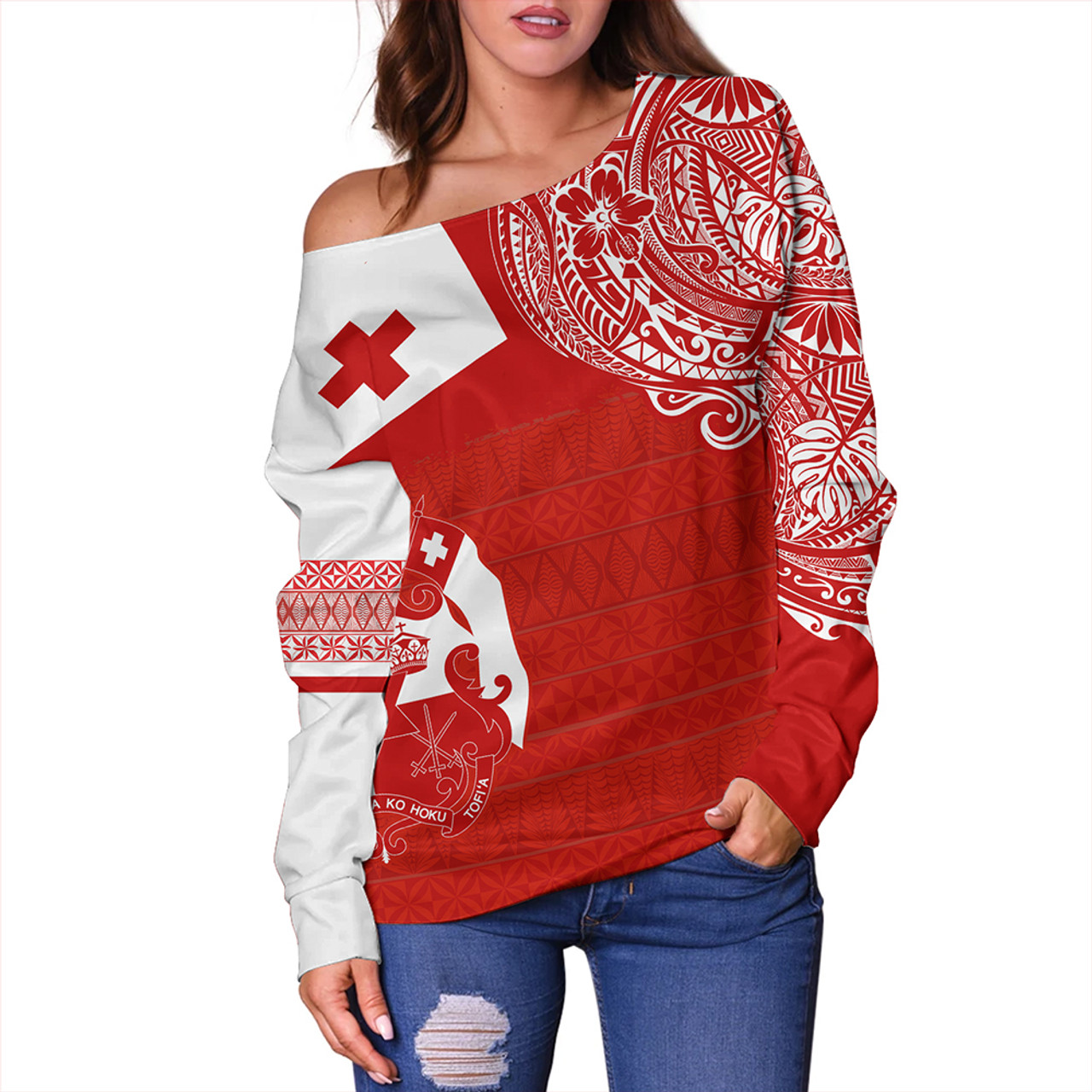 Tonga Off Shoulder Sweatshirt Tonga Polynesian Flag With Coat Of Arms