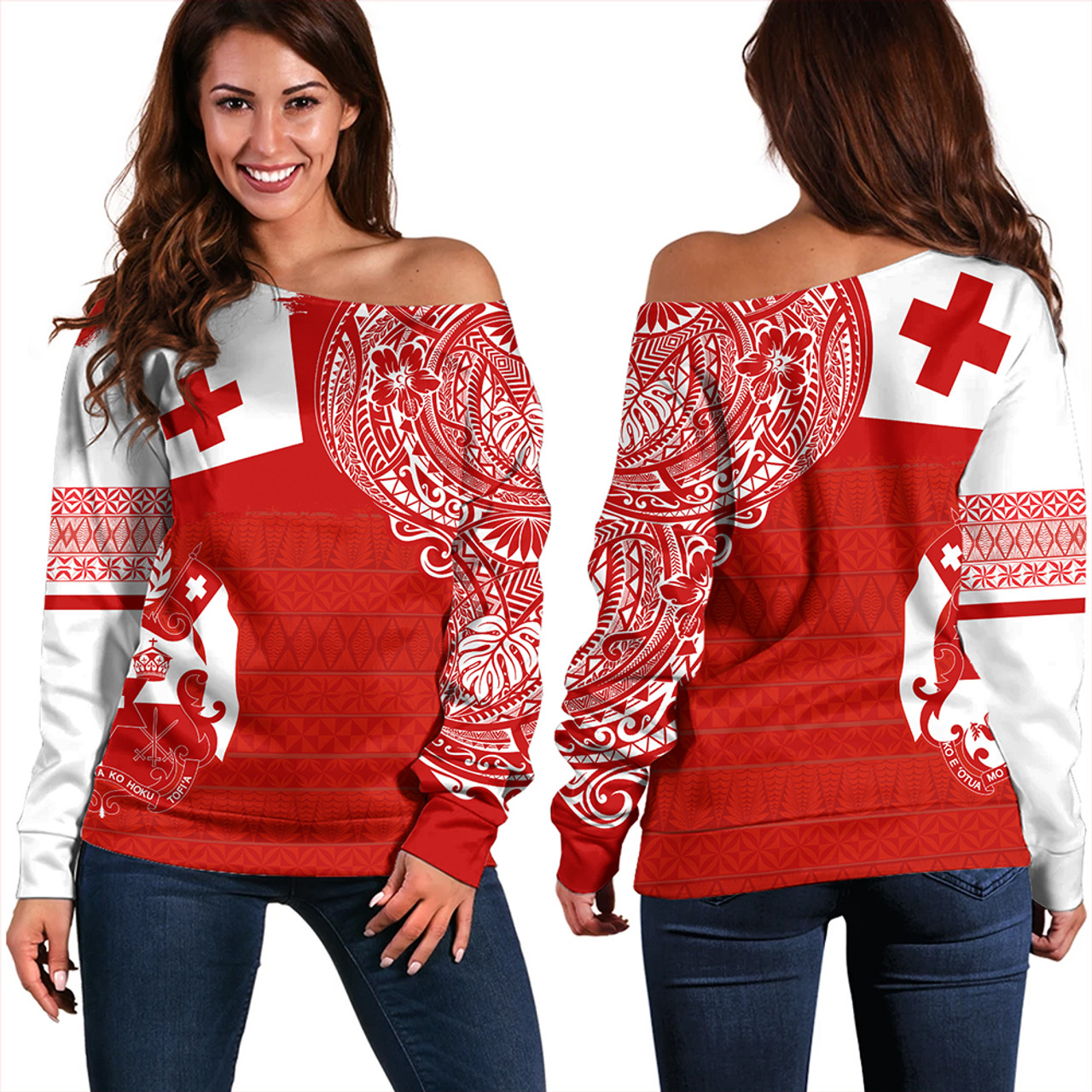 Tonga Off Shoulder Sweatshirt Tonga Polynesian Flag With Coat Of Arms