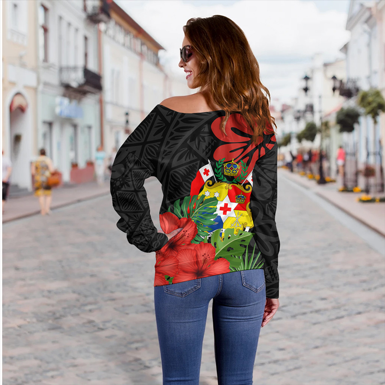 Tonga Off Shoulder Sweatshirt Tonga Coat Of Arms Polynesian Hibiscus