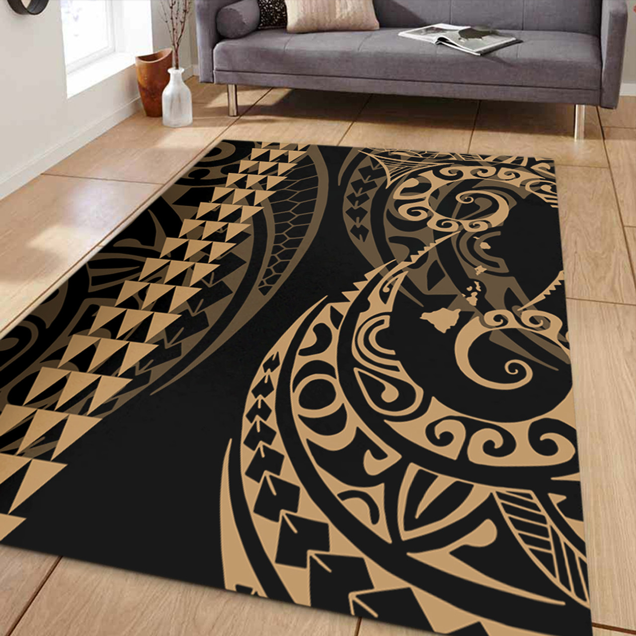 Hawaii Area Rug Hawaiian Map Kakau Style Gold