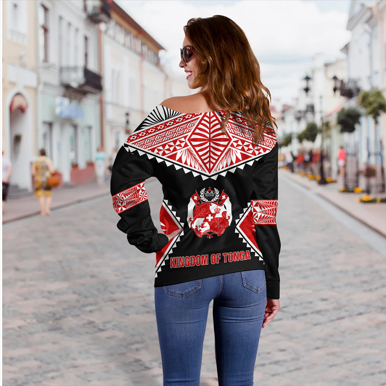 Tonga Off Shoulder Sweatshirt Ngatu Pattern Islands Style