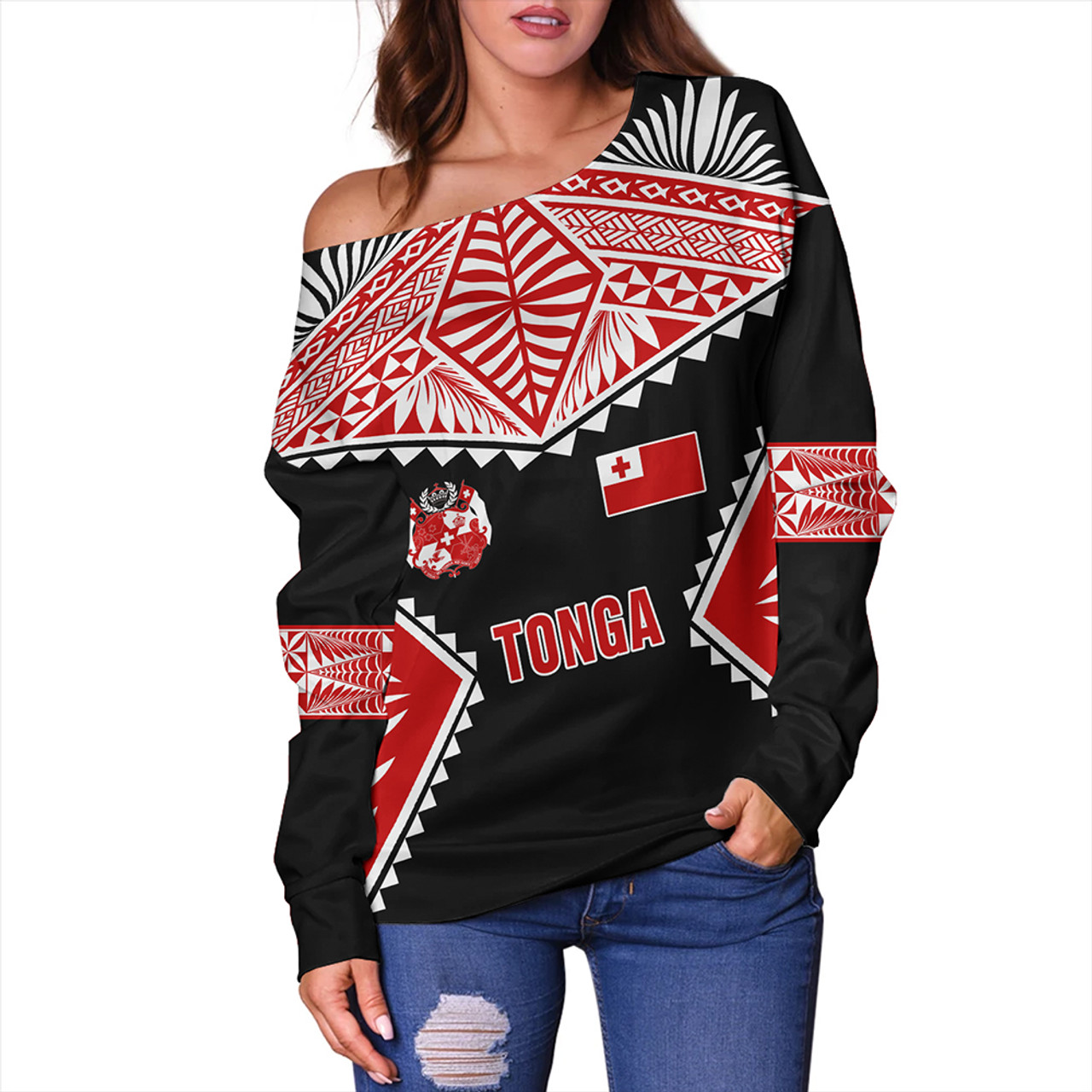 Tonga Off Shoulder Sweatshirt Ngatu Pattern Islands Style