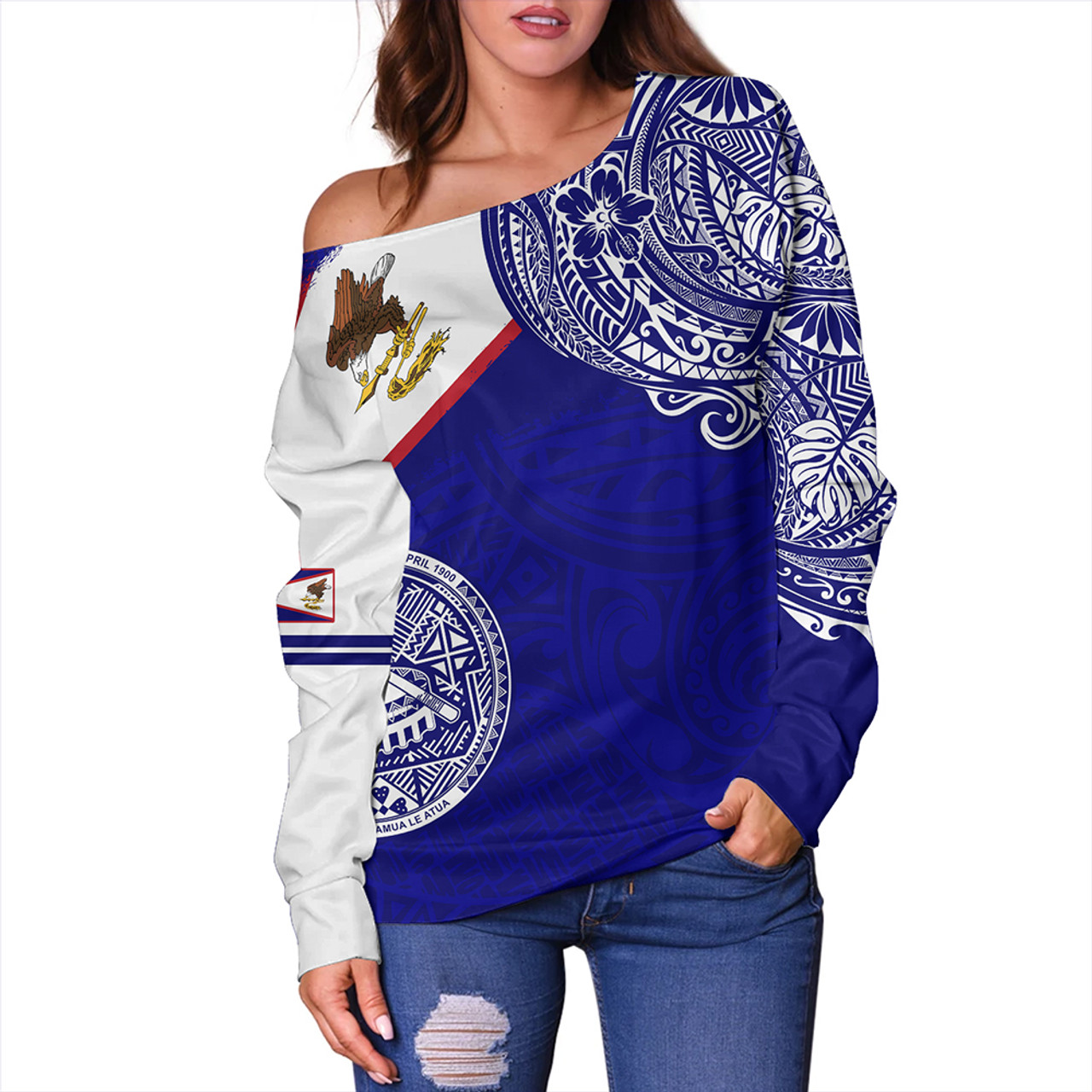 American Samoa Off Shoulder Sweatshirt Polynesian Flag With Coat Of Arms