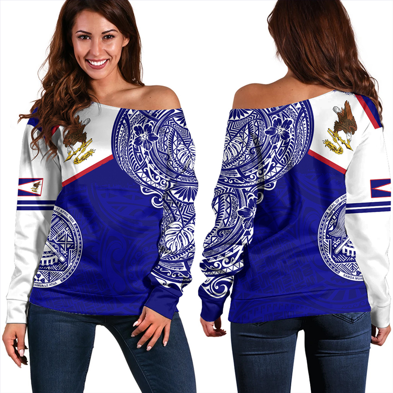 American Samoa Off Shoulder Sweatshirt Polynesian Flag With Coat Of Arms