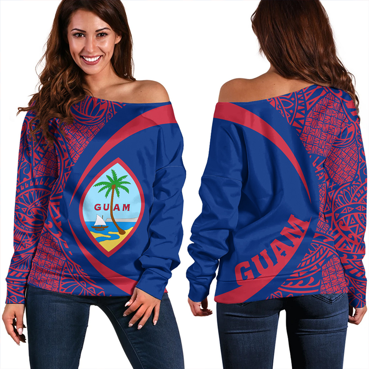 Guam Off Shoulder Sweatshirt Coat Of Arm Lauhala Circle