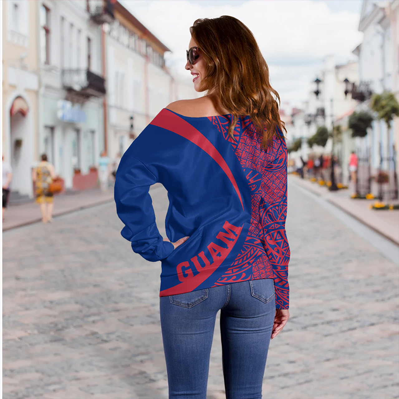 Guam Off Shoulder Sweatshirt Coat Of Arm Lauhala Circle