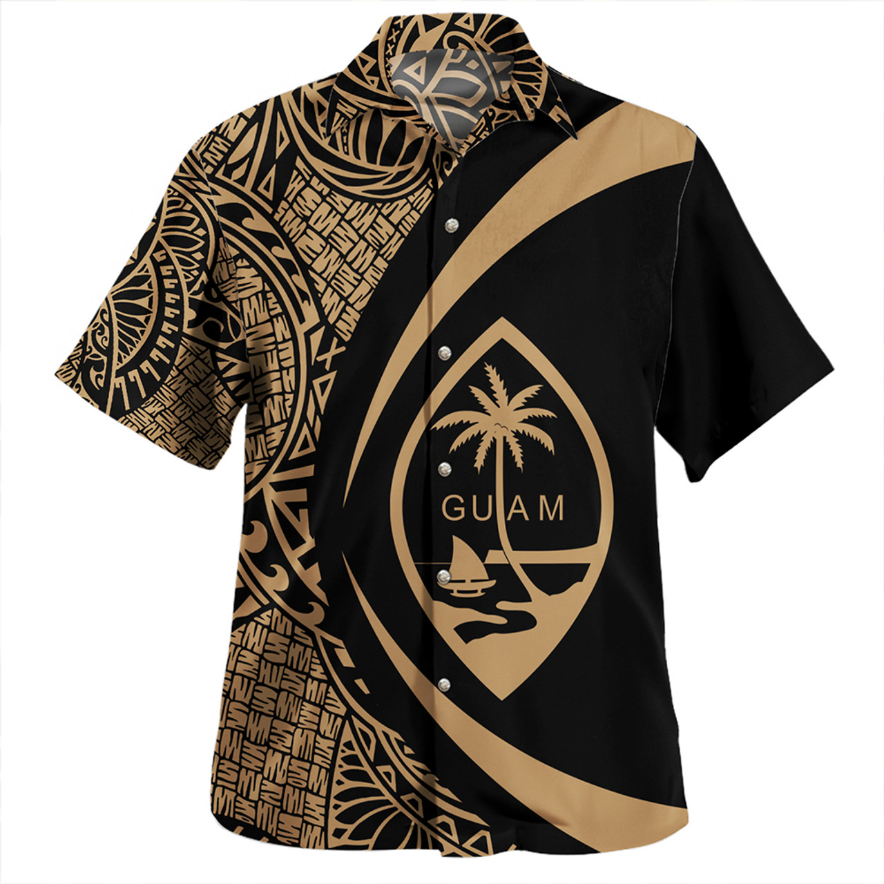 Guam Hawaiian Shirt Coat Of Arm Lauhala Gold Circle