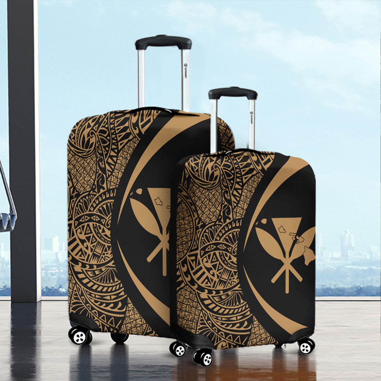 Hawaii Luggage Cover Kanaka Maoli Hawaiian Map Lauhala Gold Circle