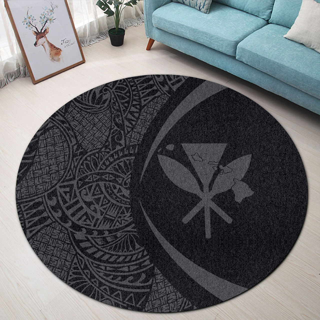 Hawaii Round Rug Kanaka Maoli Hawaiian Map Lauhala Gray Circle