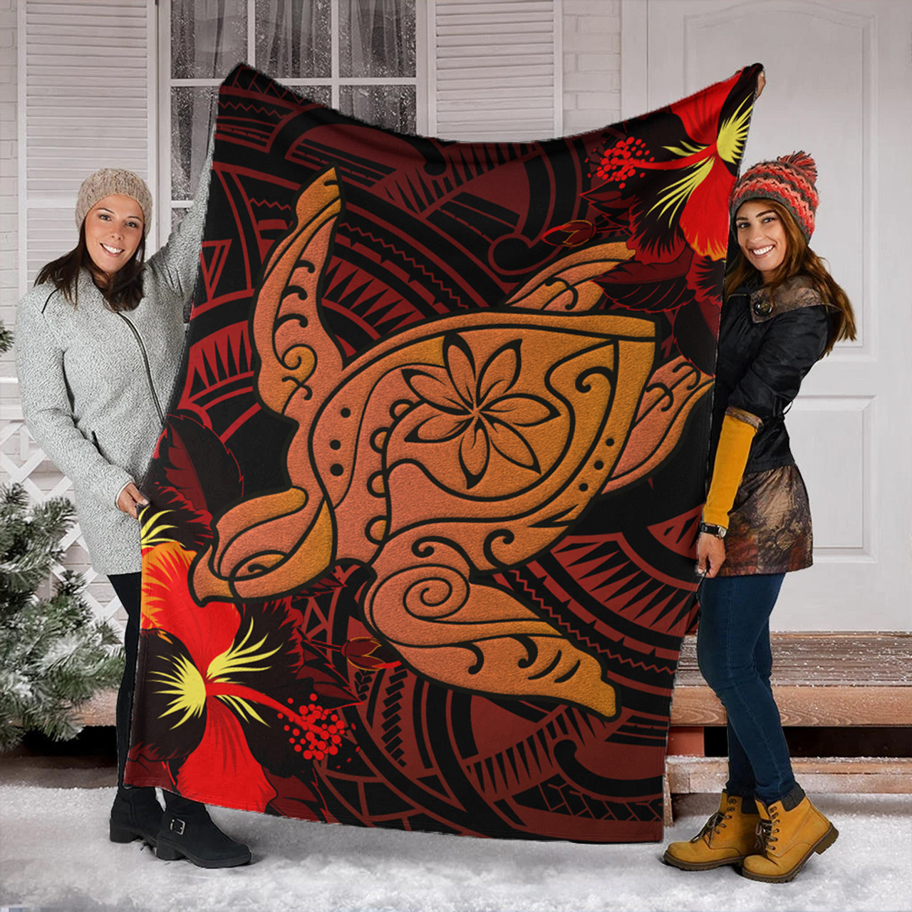 Hawaii Premium Blanket Hibiscus Polynesian Red Big Turtle