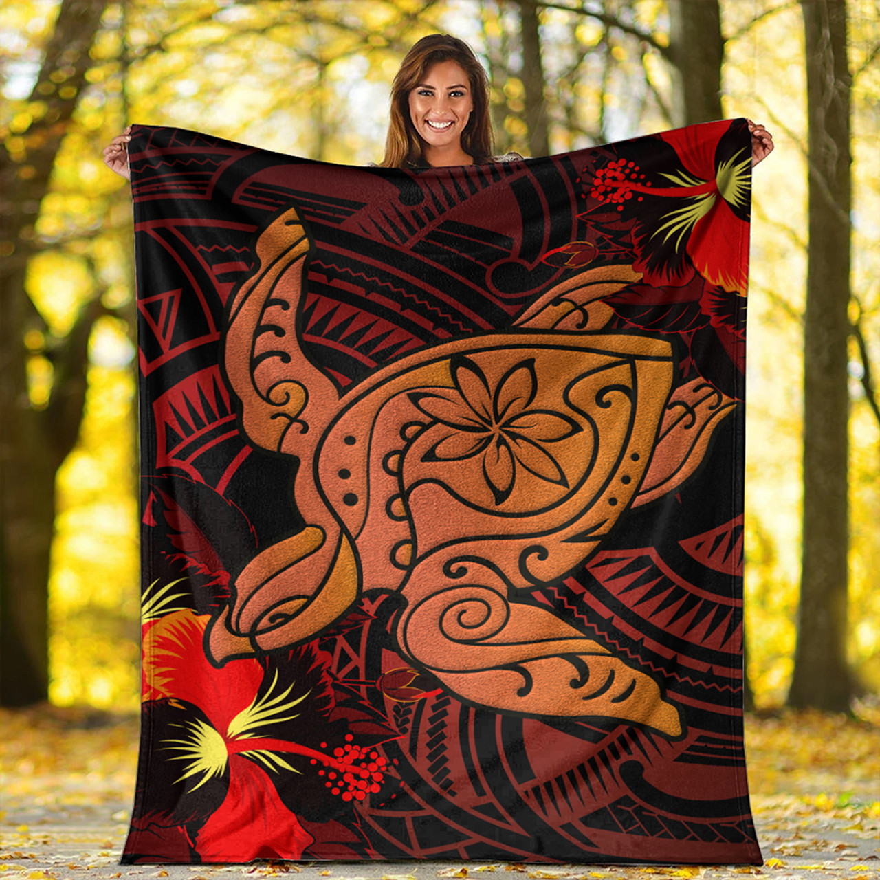 Hawaii Premium Blanket Hibiscus Polynesian Red Big Turtle