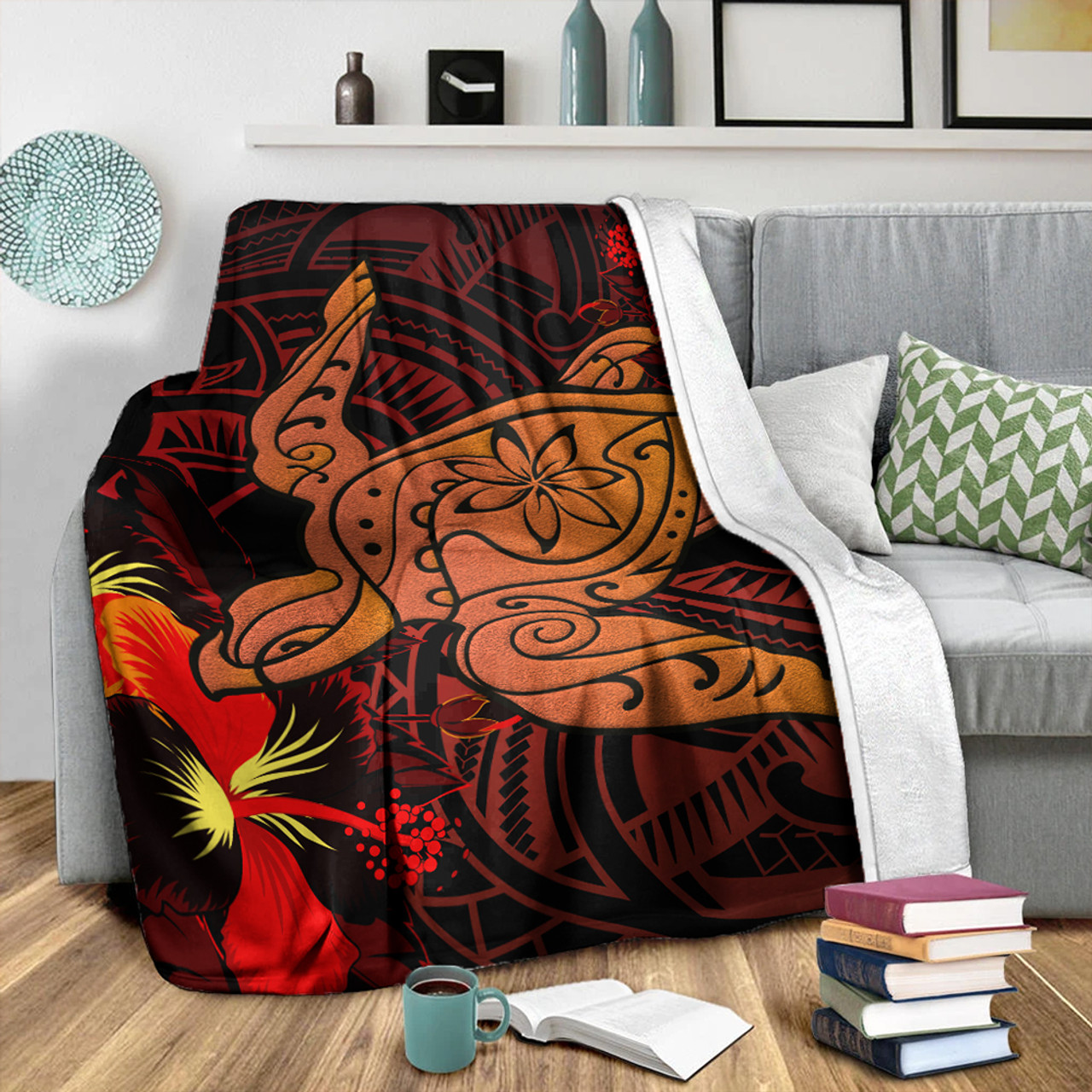 Hawaii Premium Blanket Hibiscus Polynesian Red Big Turtle