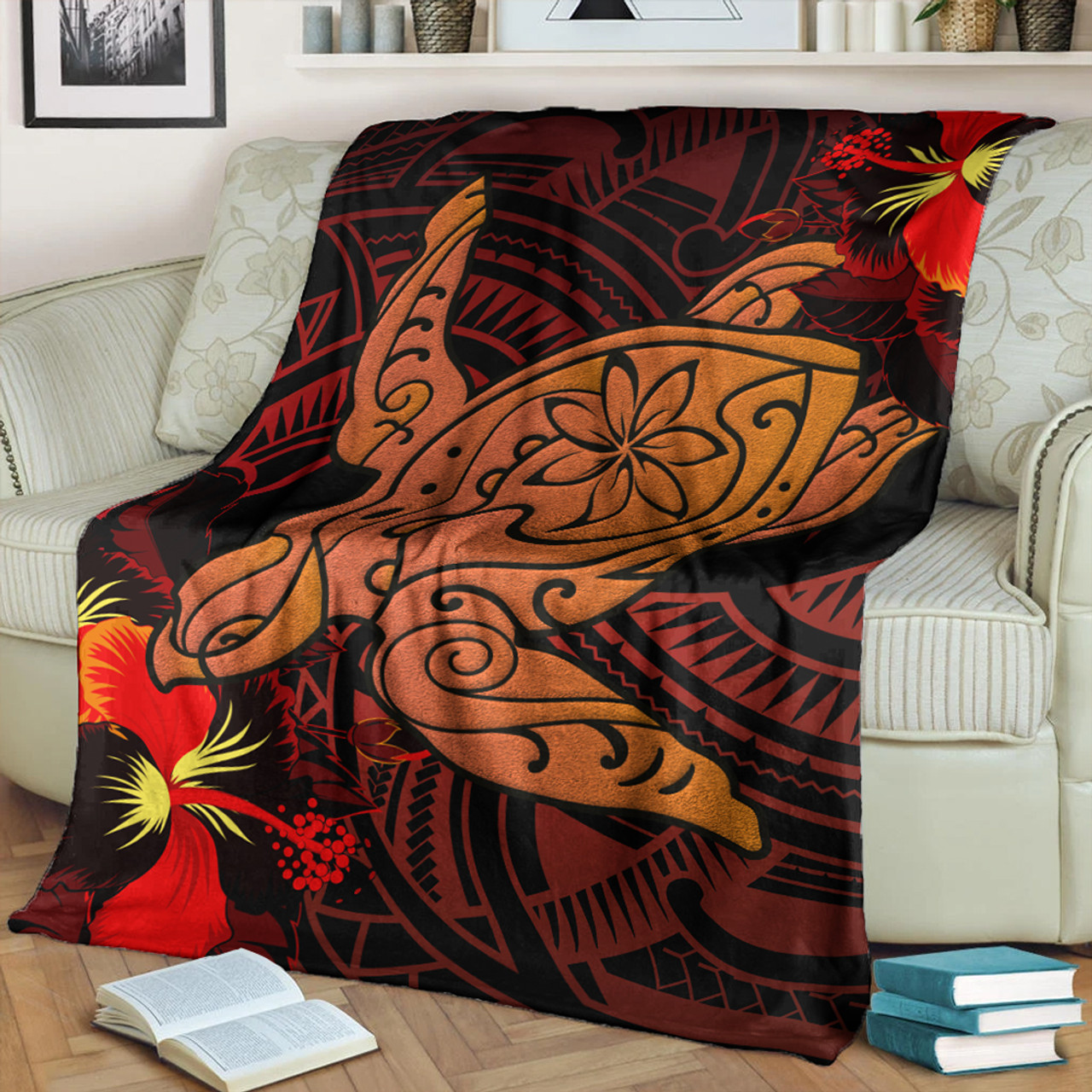 Hawaii Premium Blanket Hibiscus Polynesian Red Big Turtle