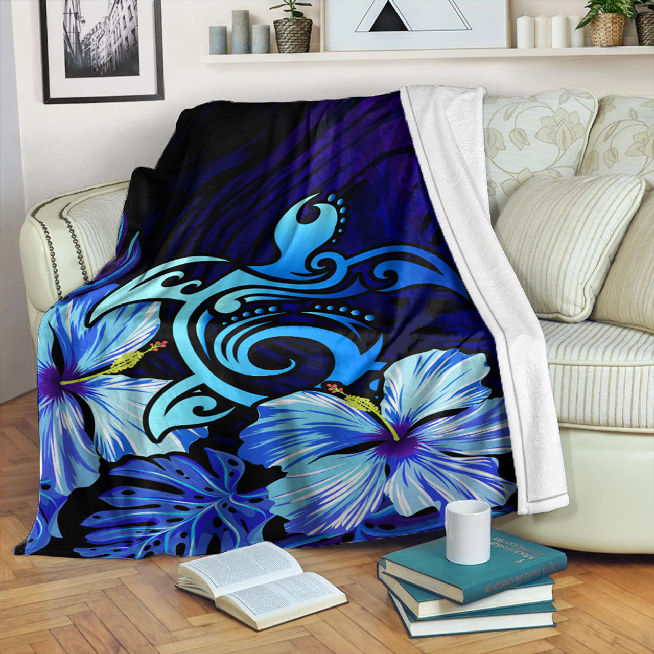 Hawaii Premium Blanket Hibiscus Tropical Deep Ocean Turtle Sea