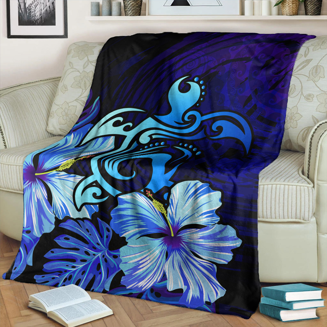 Hawaii Premium Blanket Hibiscus Tropical Deep Ocean Turtle Sea