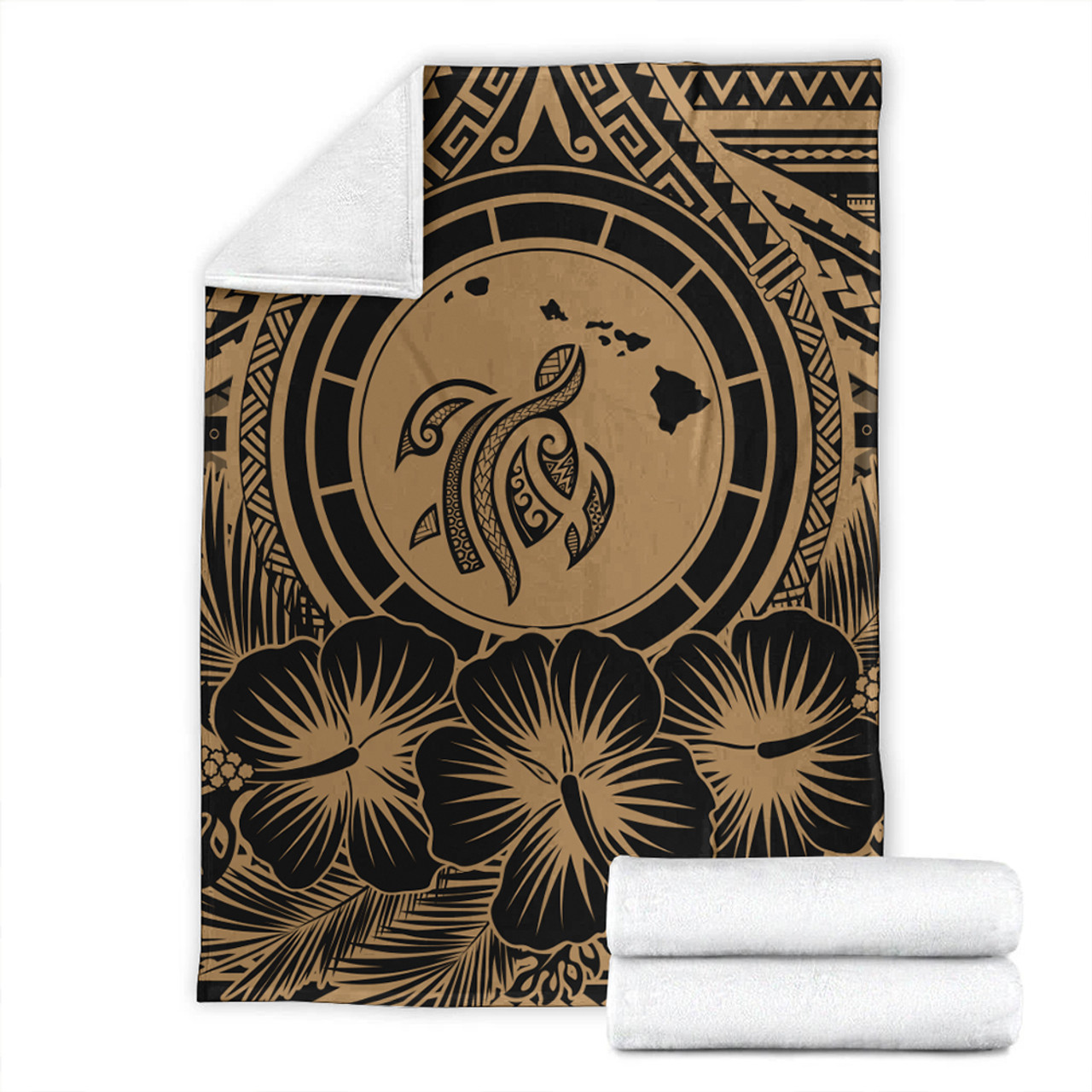 Hawaii Premium Blanket Map Honu Hibiscus Polynesian Gold