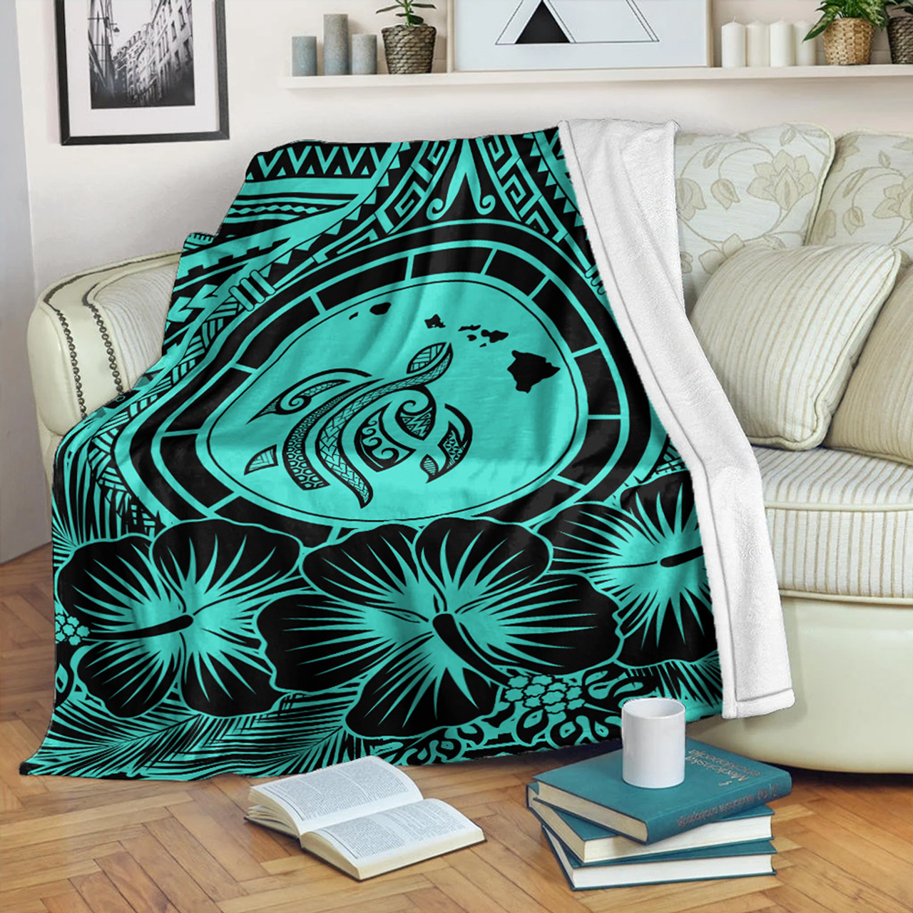 Hawaii Premium Blanket Map Honu Hibiscus Polynesian Turquoise