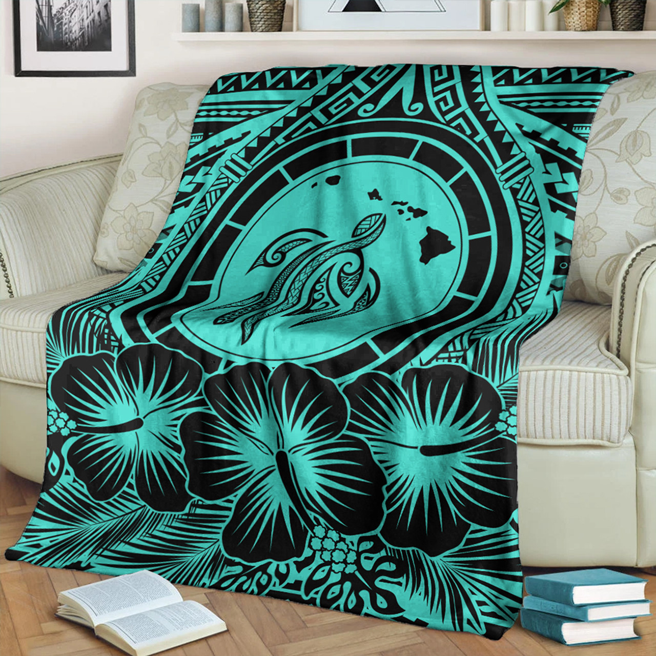 Hawaii Premium Blanket Map Honu Hibiscus Polynesian Turquoise