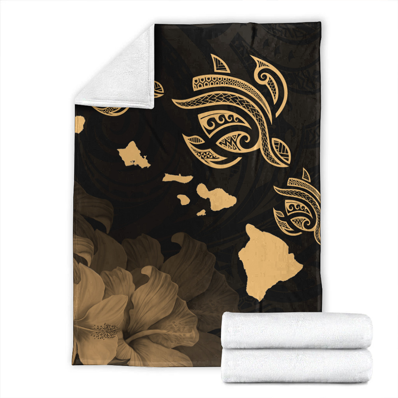 Hawaii Premium Blanket Turtle Hibiscus Map Polynesian Family Gold