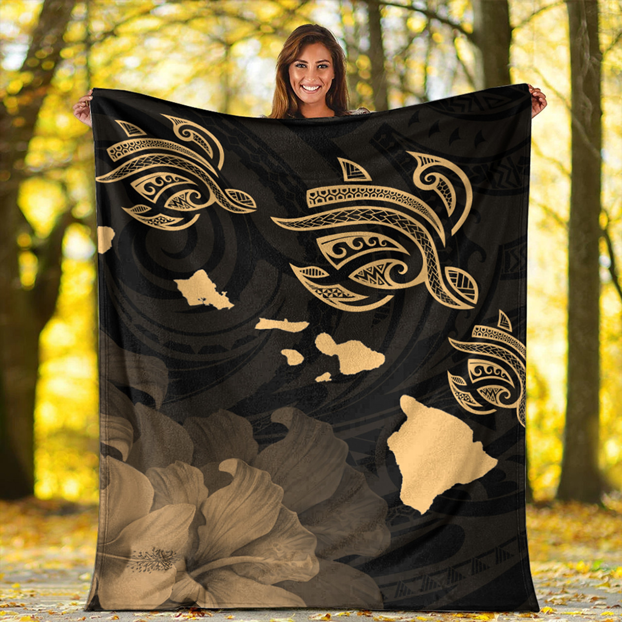 Hawaii Premium Blanket Turtle Hibiscus Map Polynesian Family Gold