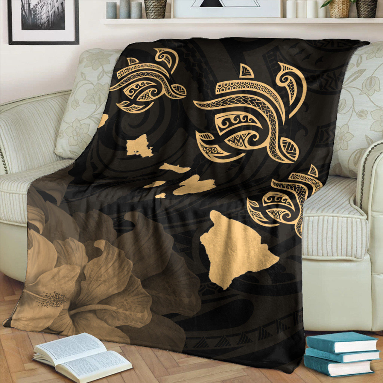 Hawaii Premium Blanket Turtle Hibiscus Map Polynesian Family Gold