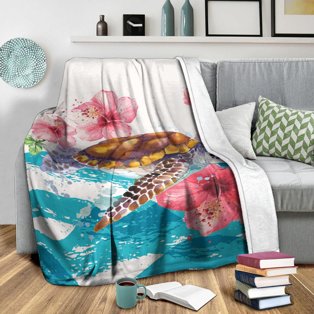 Hawaii Premium Blanket Turtle Hibiscus Waves Polynesian