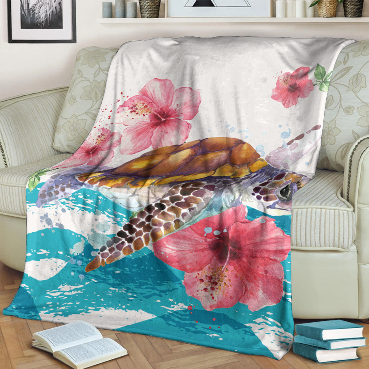 Hawaii Premium Blanket Turtle Hibiscus Waves Polynesian