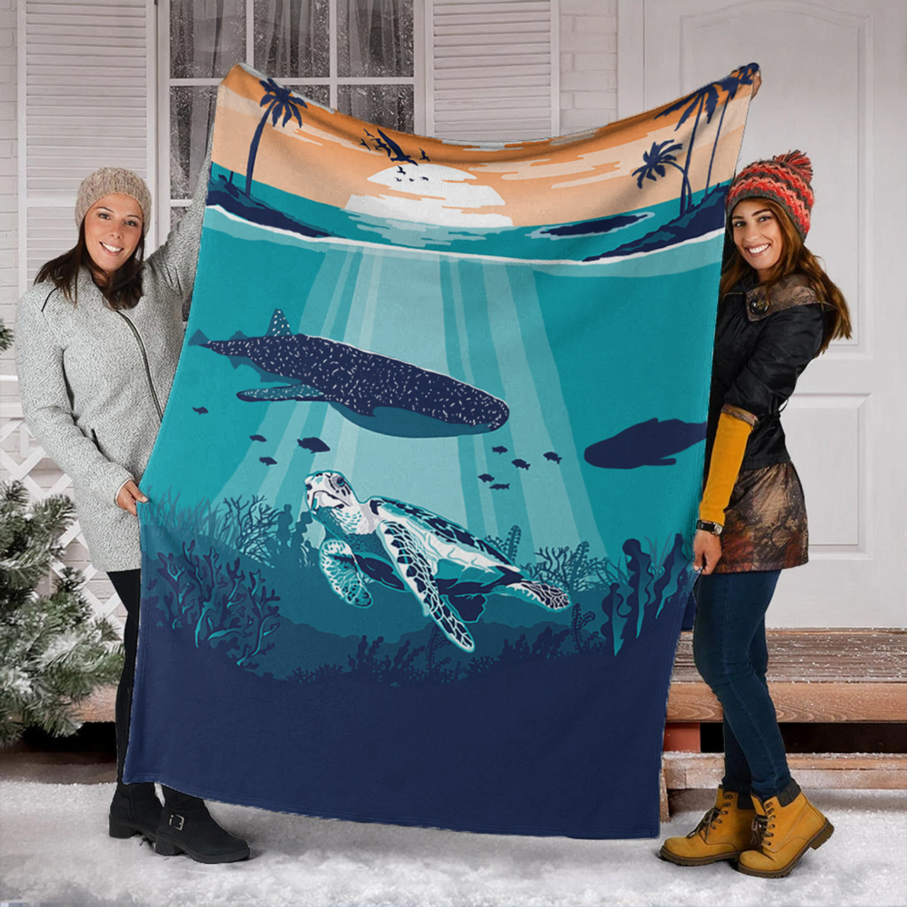 Hawaii Premium Blanket Whale And Turtle In Sunset Polynesian