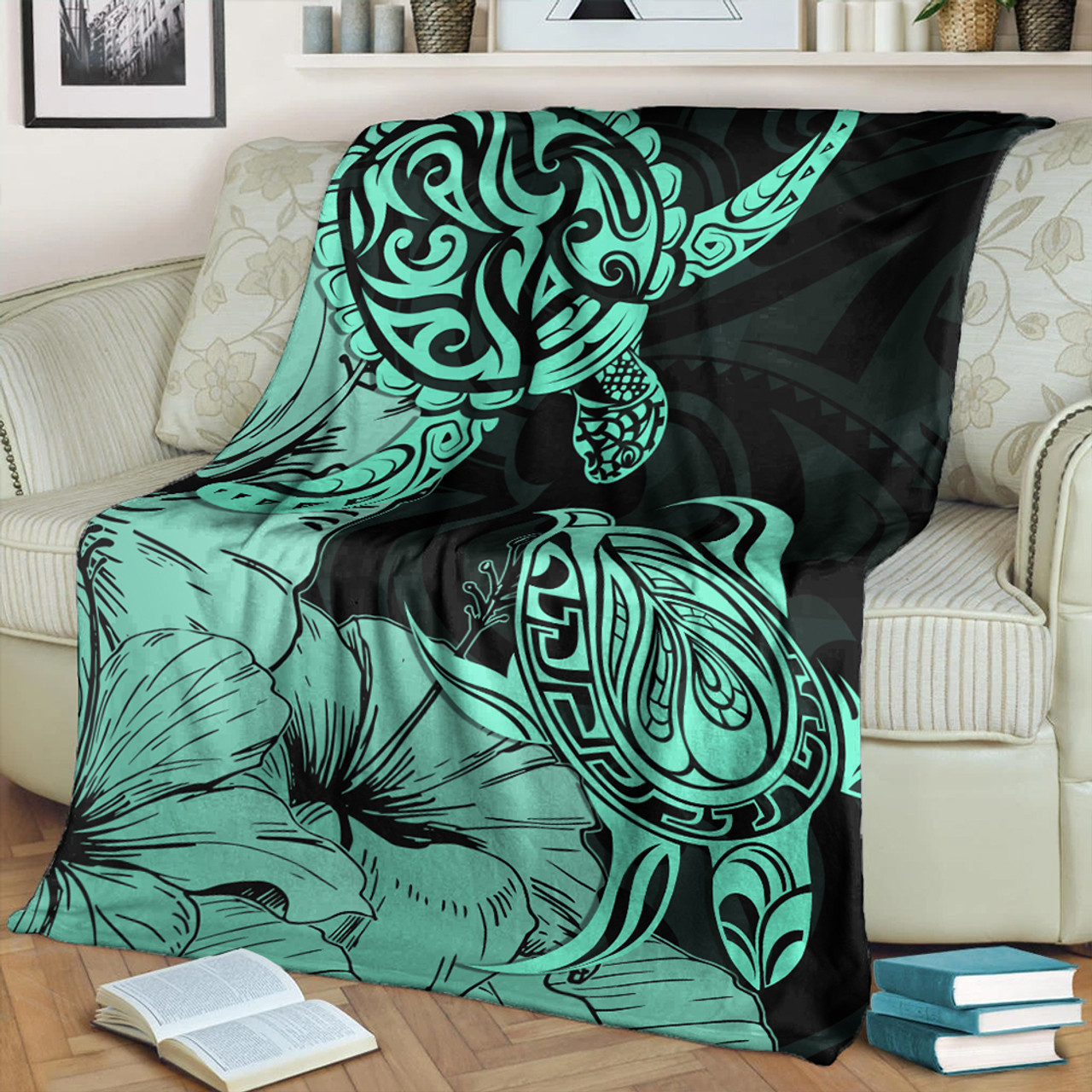 Hawaii Turtle Premium Blanket Polynesian Hibiscus Art Turquoise