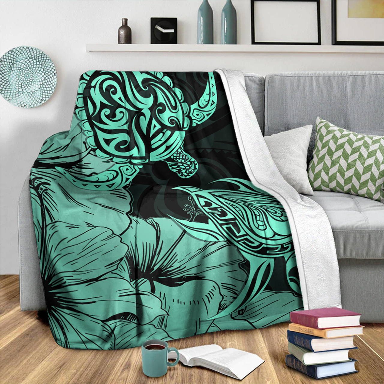 Hawaii Turtle Premium Blanket Polynesian Hibiscus Art Turquoise