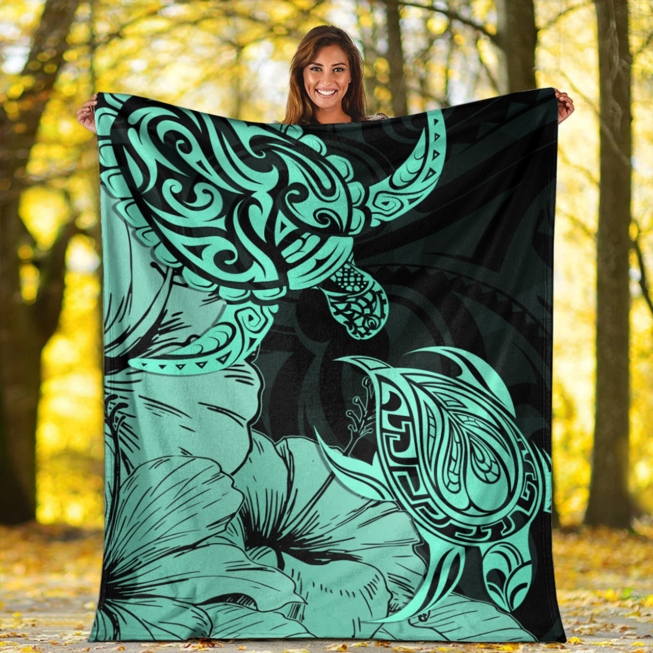 Hawaii Turtle Premium Blanket Polynesian Hibiscus Art Turquoise