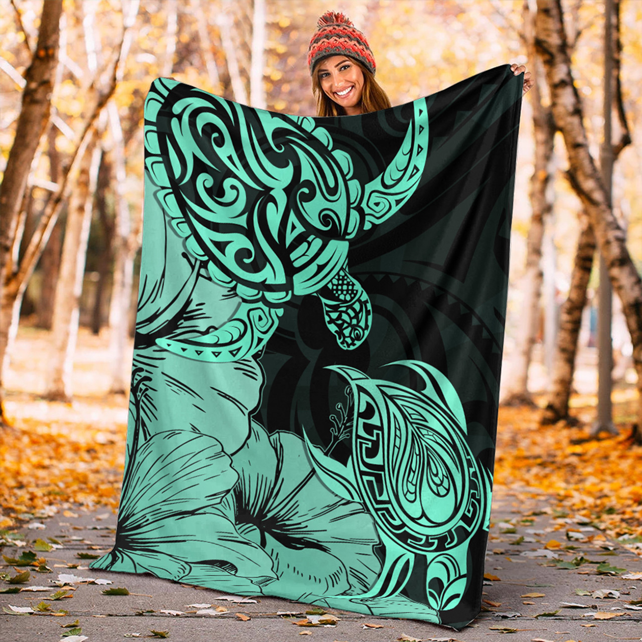 Hawaii Turtle Premium Blanket Polynesian Hibiscus Art Turquoise