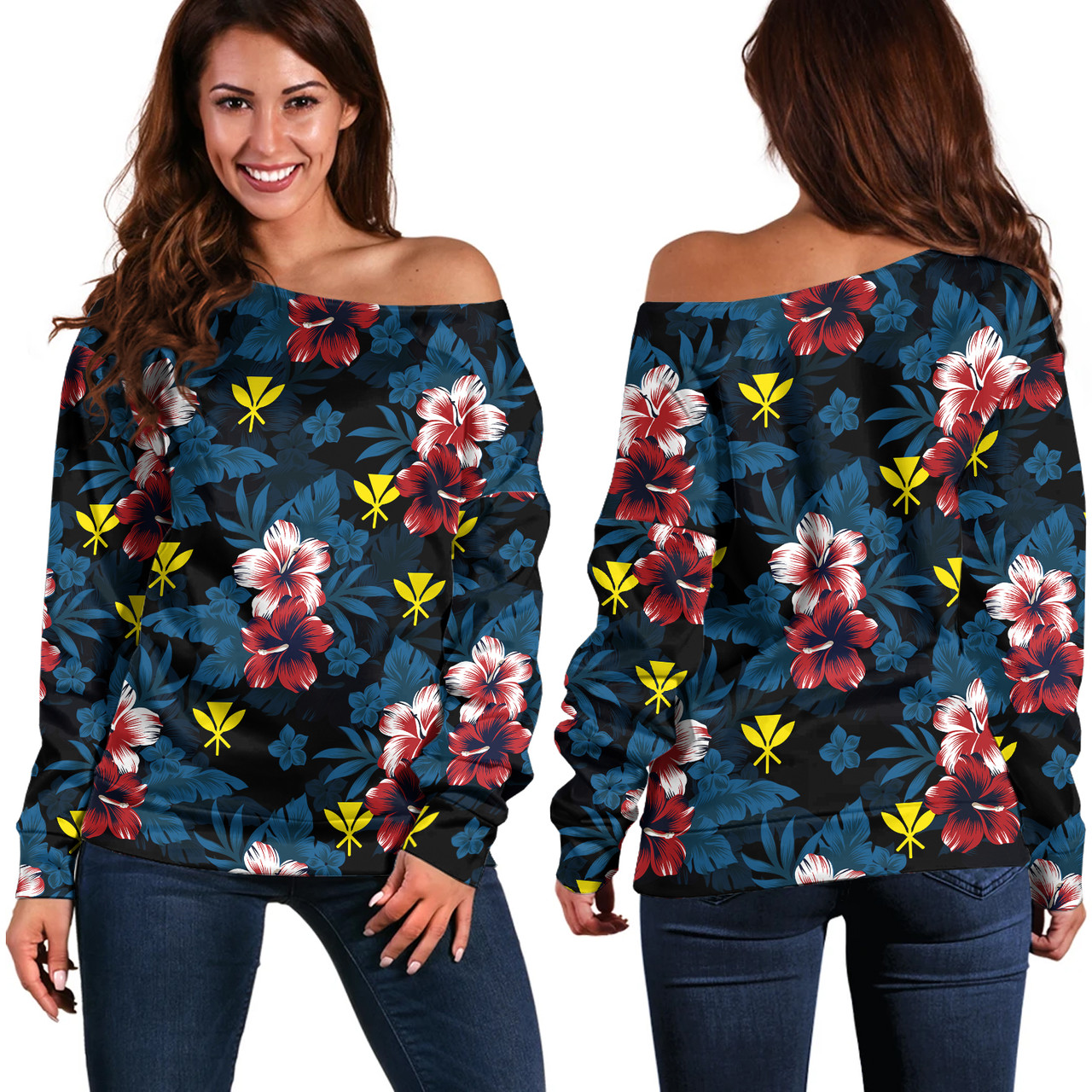 Hawaii Off Shoulder Sweatshirt Kanaka Islands Pattern Floral