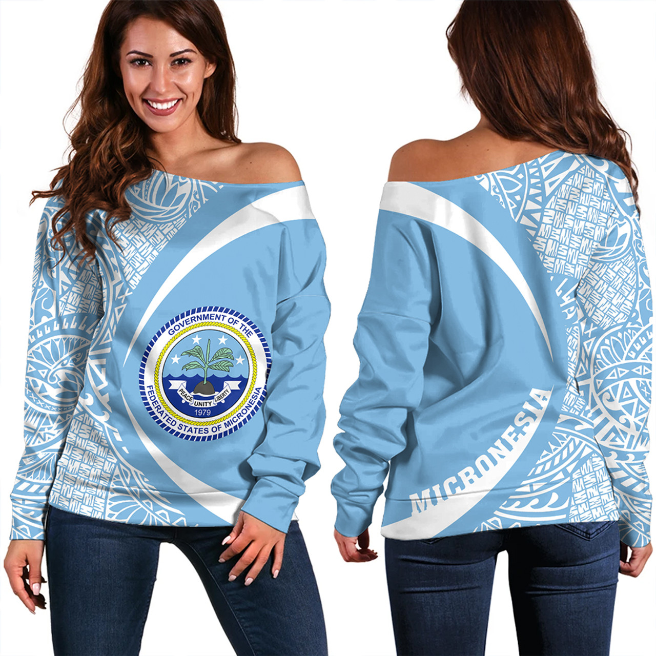 Federated States of Micronesia Off Shoulder Sweatshirt Coat Of Arm Lauhala Circle