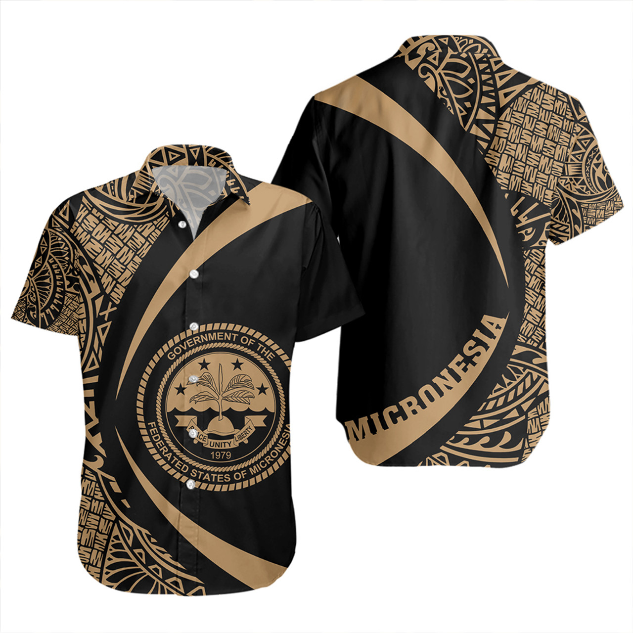 Federated States of Micronesia Short Sleeve Shirt Coat Of Arm Lauhala Gold Circle