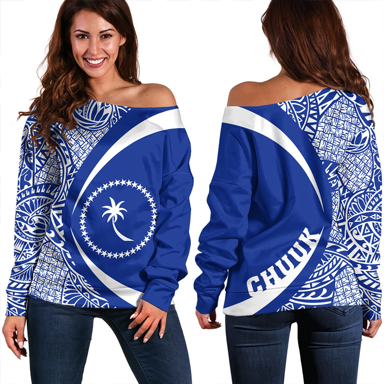 Chuuk Off Shoulder Sweatshirt Coat Of Arm Lauhala Circle