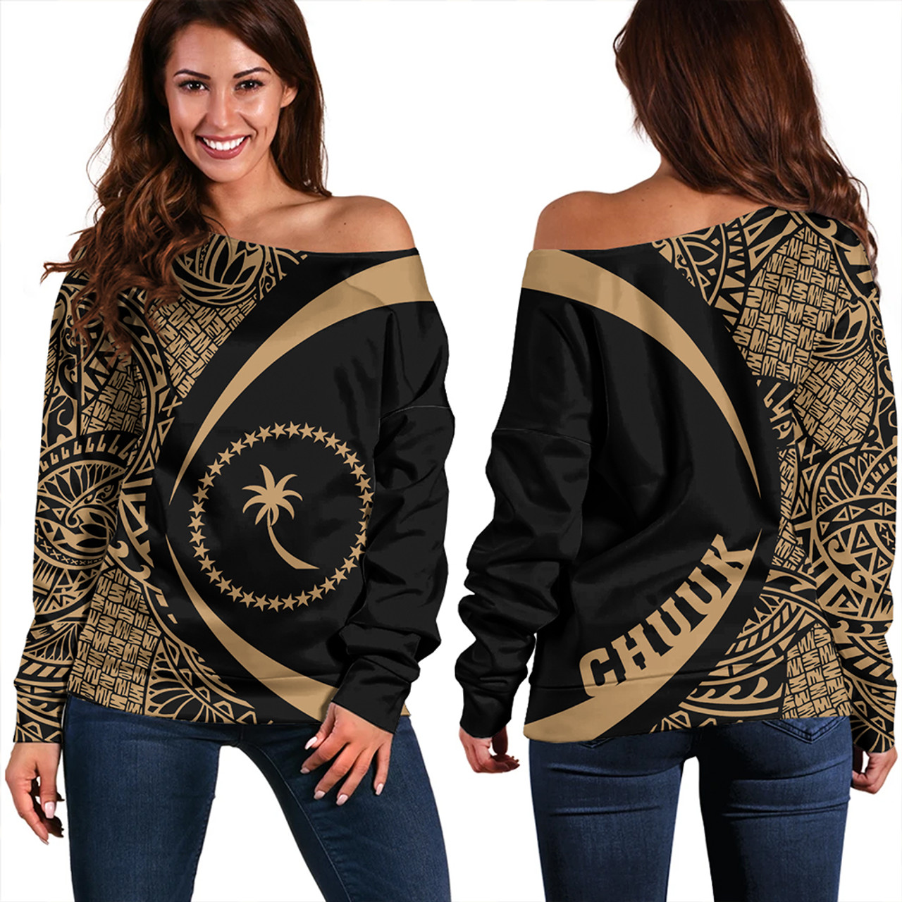 Chuuk Off Shoulder Sweatshirt Coat Of Arm Lauhala Gold Circle