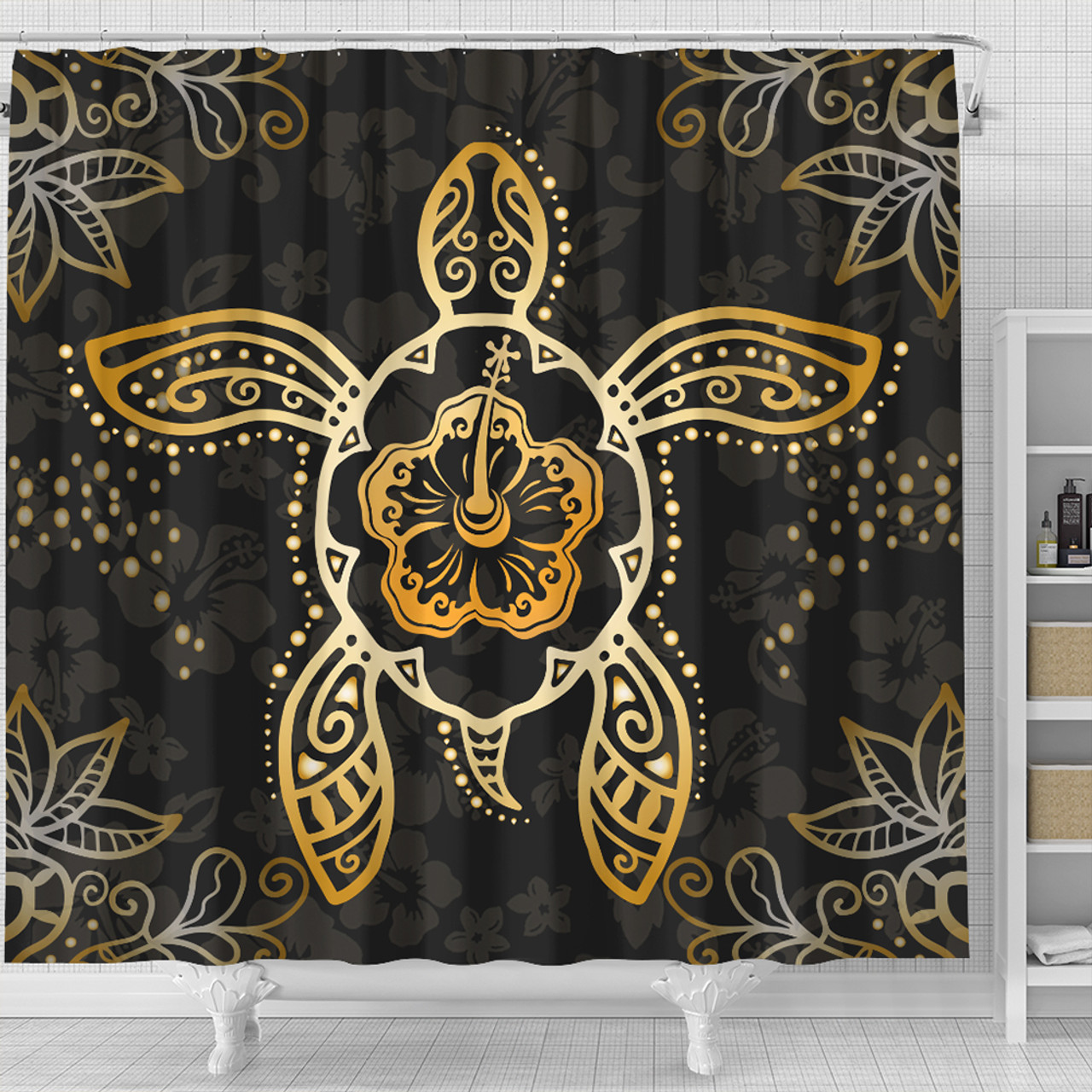 Hawaii Shower Curtain Golden Hibiscus And Turtle