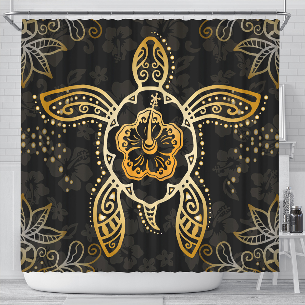 Hawaii Shower Curtain Golden Hibiscus And Turtle