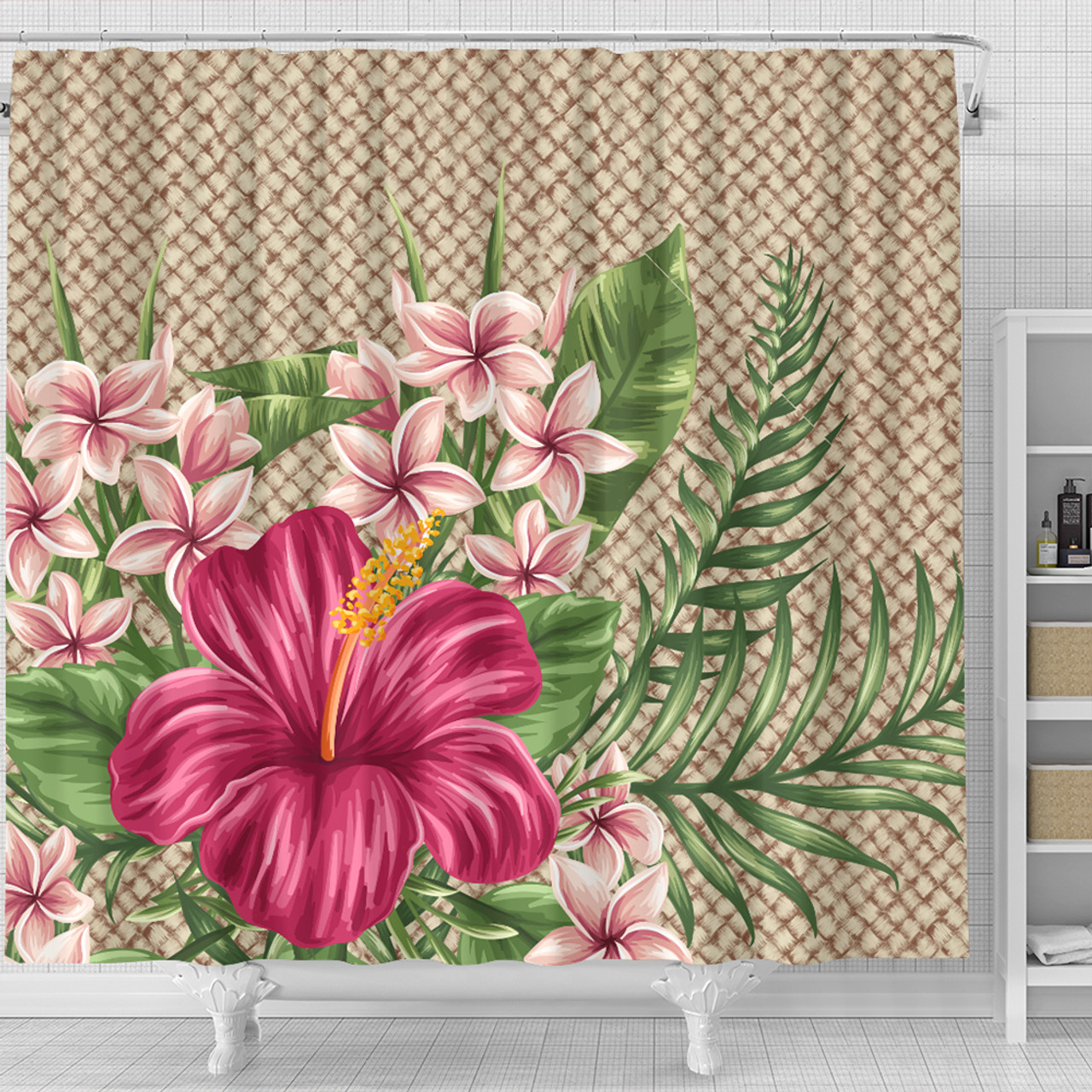 Hawaii Shower Curtain Hibiscus Plumeria Palm Leaves Lauhala Background Polynesian