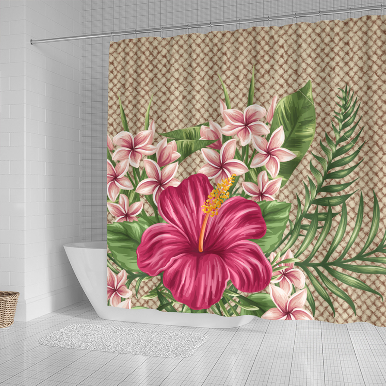 Hawaii Shower Curtain Hibiscus Plumeria Palm Leaves Lauhala Background Polynesian