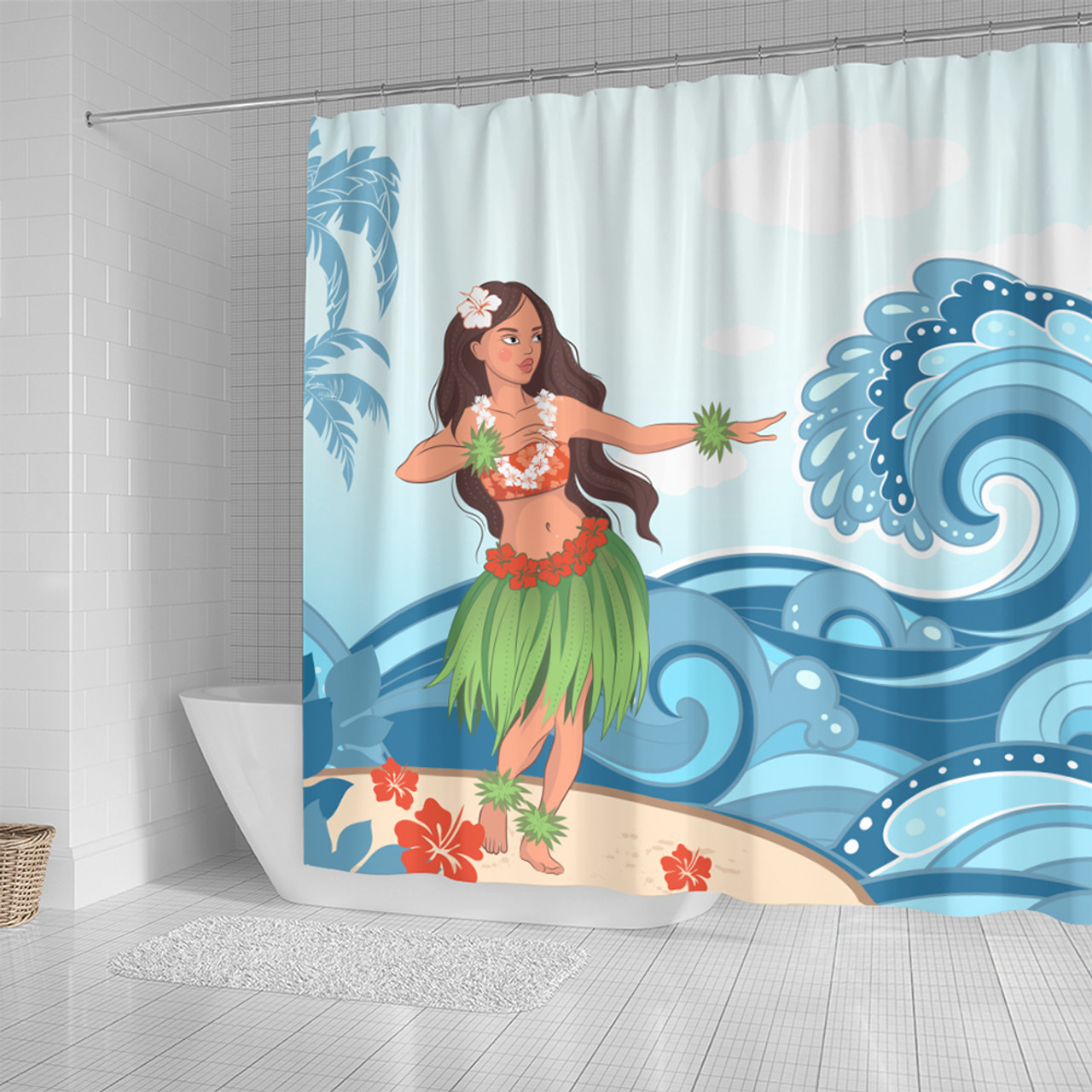 Hawaii Shower Curtain Hula Dance Cartoon