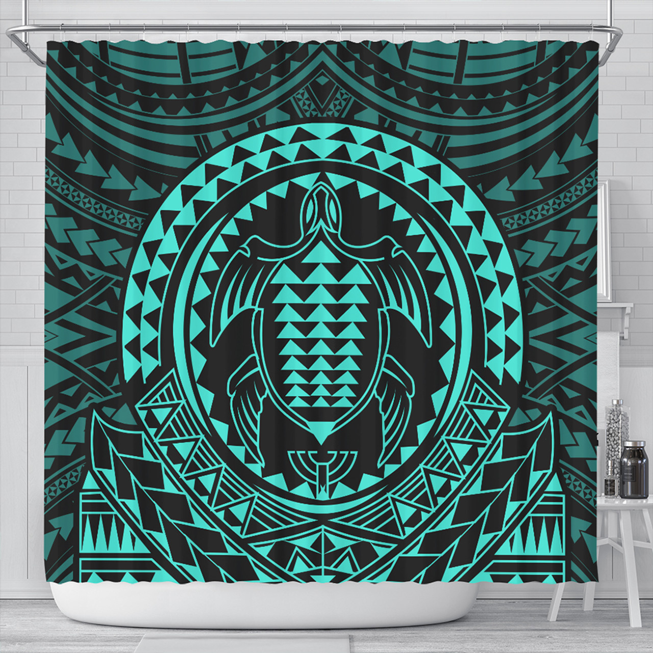 Hawaii Shower Curtain Kakau Honu Arc Polynesian Turquoise