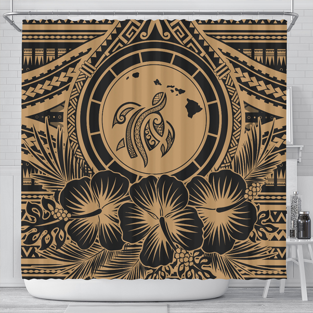 Hawaii Shower Curtain Map Honu Hibiscus Polynesian Gold