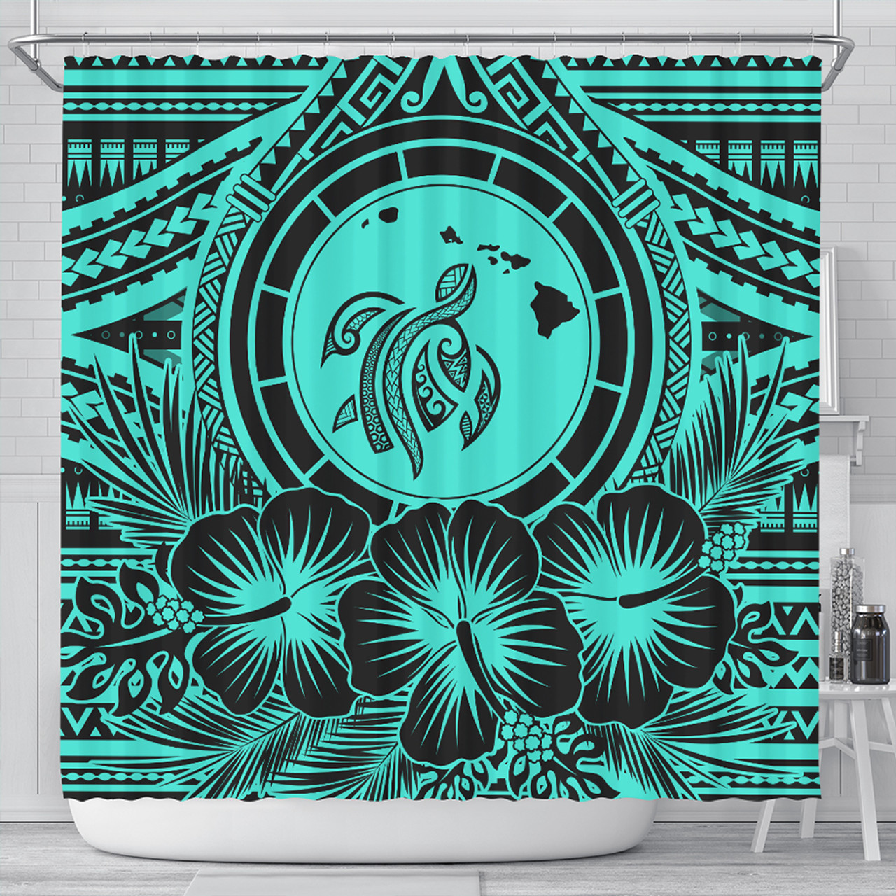 Hawaii Shower Curtain Map Honu Hibiscus Polynesian Turquoise