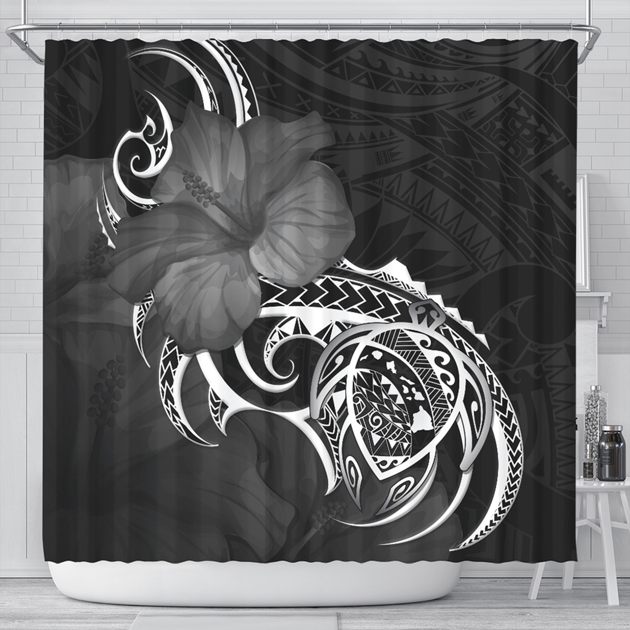 Hawaii Shower Curtain Map Turtle Hibiscus Polynesian Divise