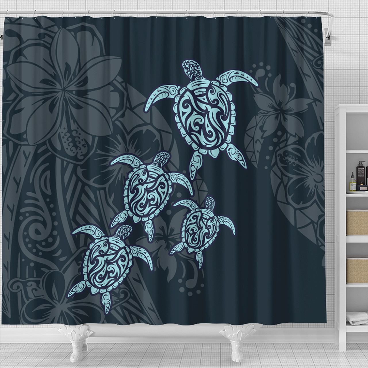 Hawaii Shower Curtain Plumeria Polynesian Deep Sea Turtle