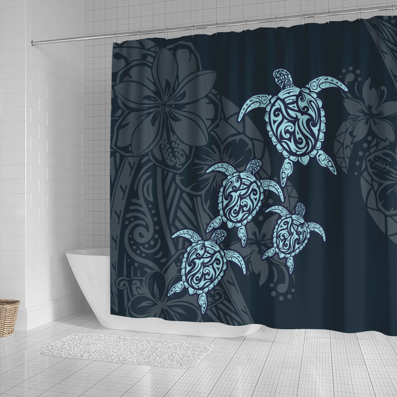 Hawaii Shower Curtain Plumeria Polynesian Deep Sea Turtle