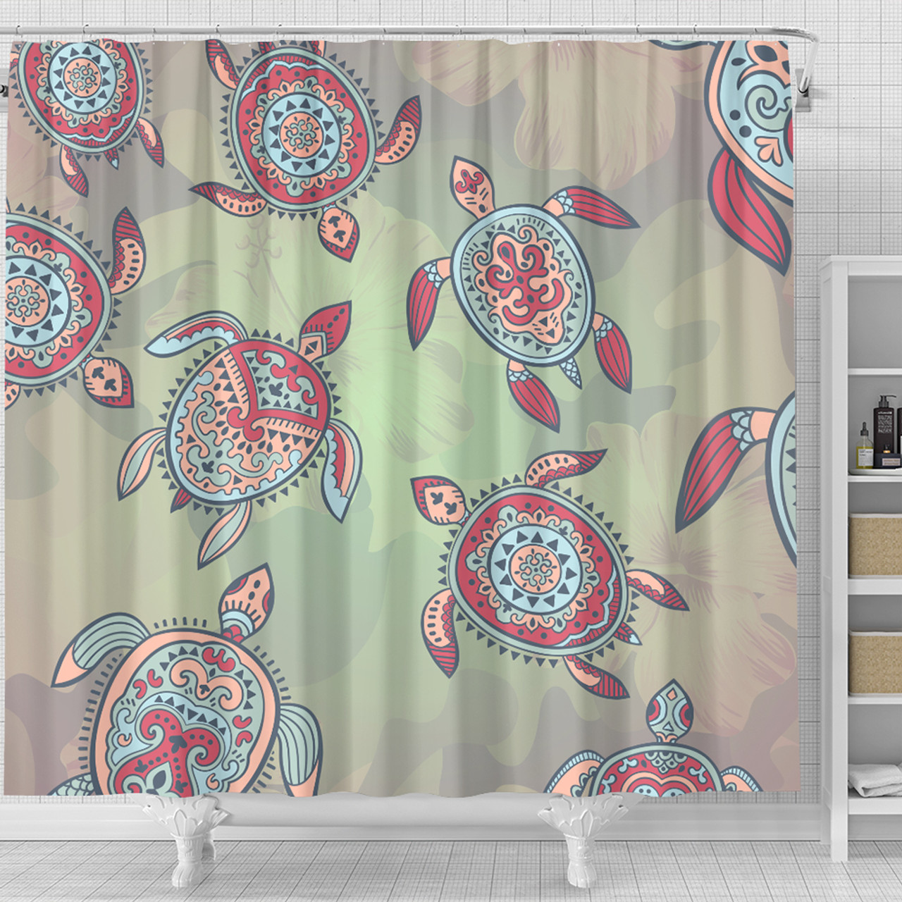 Hawaii Shower Curtain Turtle Colorful Hibiscus Background